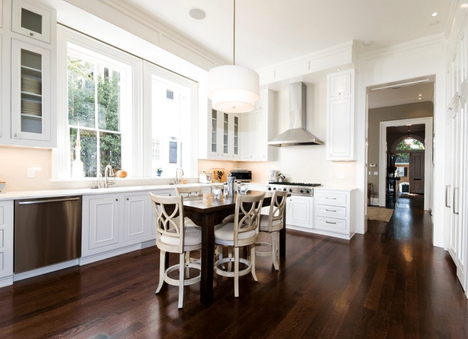 Dark stain on a newly refinished hardwood floor.