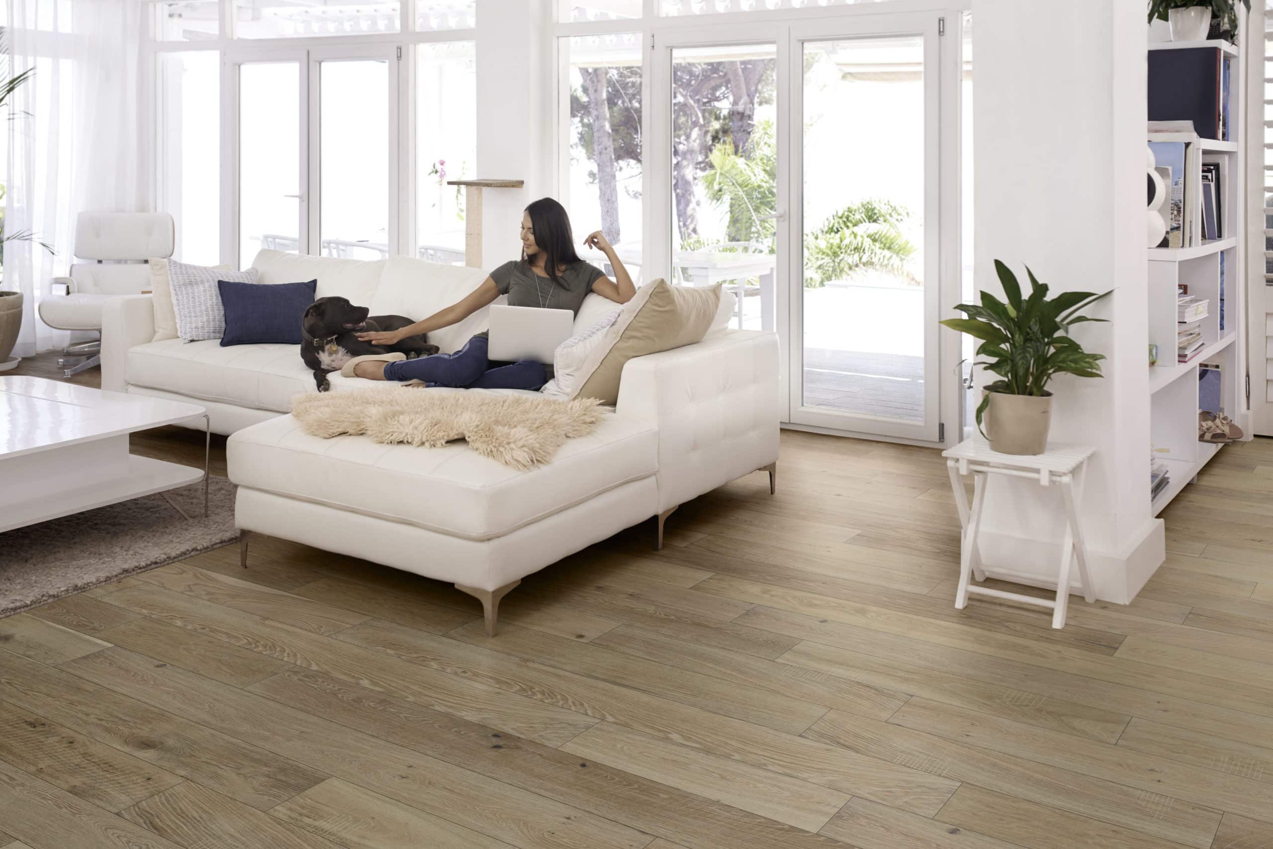 All Tile Aged Vintage Collection European White Oak White Sands living scaled e1665084330916 Casabella Flooring