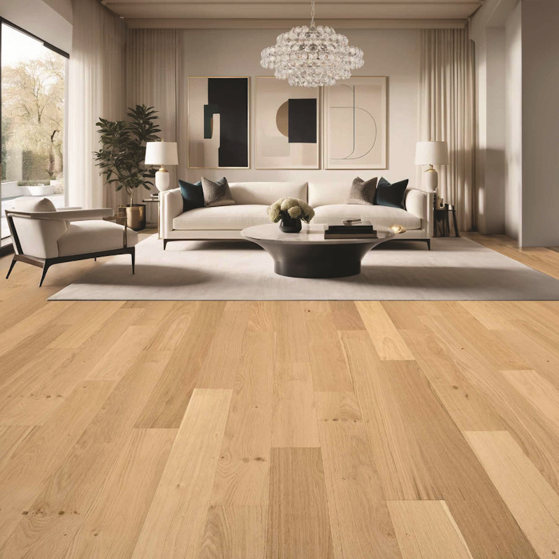 Modern living room featuring Cambria White Oak hardwood flooring from the Pearson Park Casabella Collection, with contemporary furniture, a round coffee table, and large windows allowing natural light.