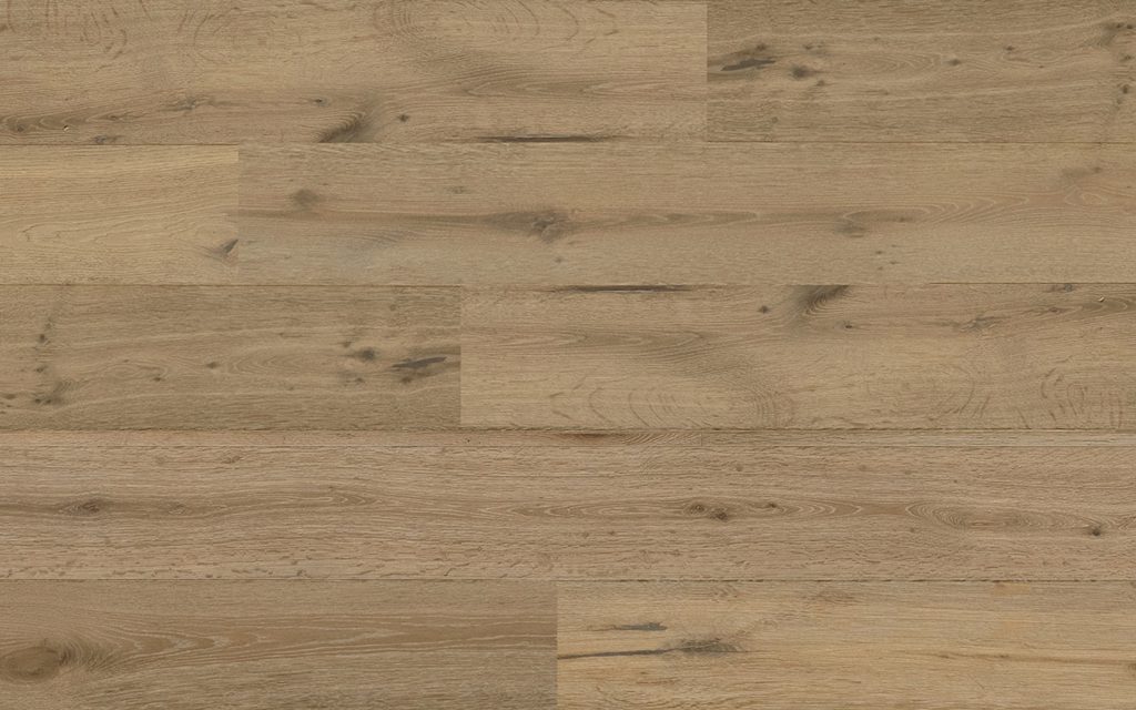 Safari Tan European Oak hardwood flooring sample, showcasing a warm, inviting shade with textured surface and organic grain patterns, 7½" wide planks ideal for sophisticated interiors.