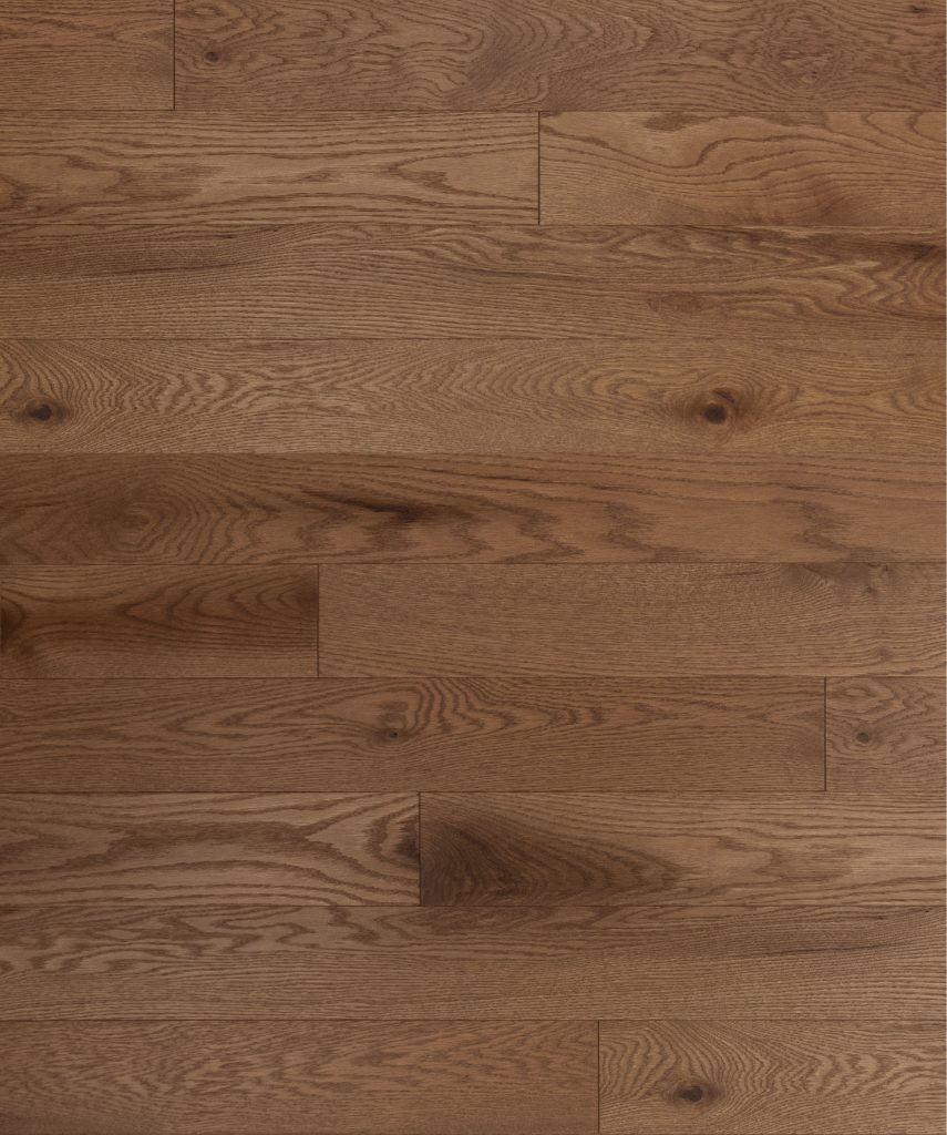 Red Oak hardwood flooring in a warm, natural finish, showcasing the Carmel style from the Mirage Escape Collection, emphasizing its smooth texture and grain patterns.