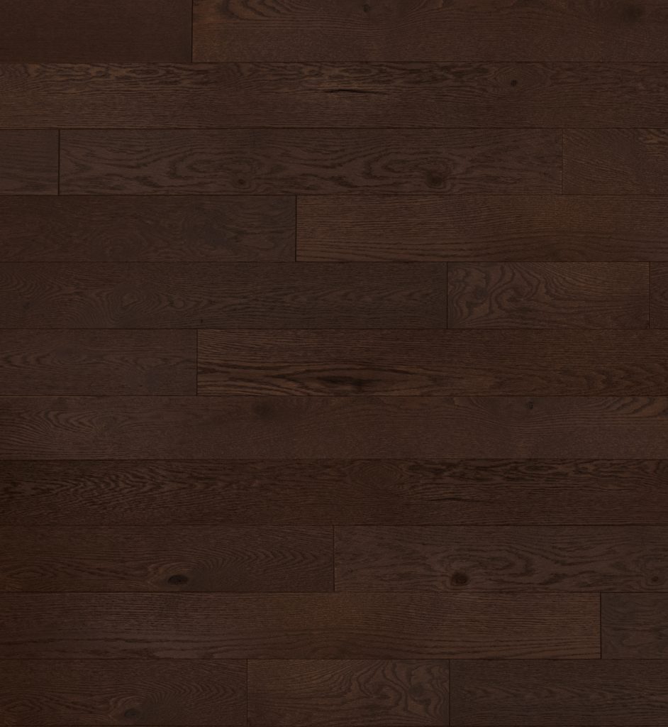 Providence Red Oak hardwood flooring sample in dark brown finish, showcasing wide planks and minimal seams, part of the Mirage Escape Collection.