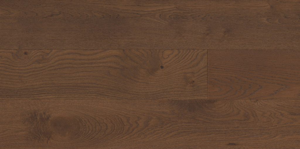 Madingley European White Oak flooring swatch in a rich, warm brown tone, showcasing delicate grain patterns and a smooth finish, ideal for light-filled spaces in the Cambridge Collection by Portercraft.