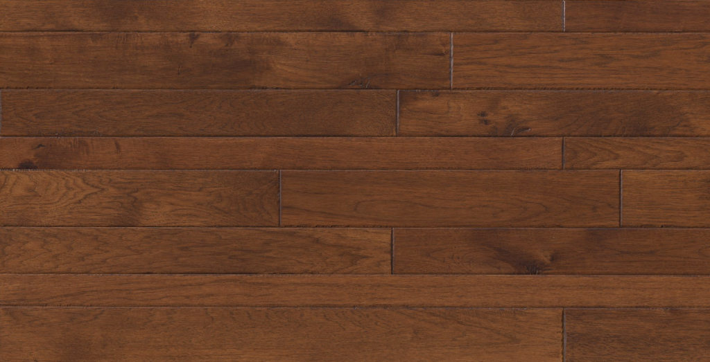 Hickory hardwood flooring in a rich Caramel tone with handscrape finish, showcasing varied-width planks and hand-textured edges, emphasizing rustic sophistication.