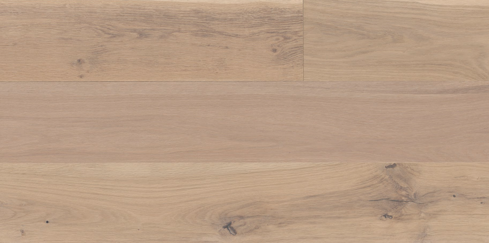 Pre-finished European White Oak hardwood flooring sample, showcasing Chesterton a light wood grain with subtle knots, from the Cambridge collection by SVB Wood Floors, dimensions 7 1/2" x 1/2".