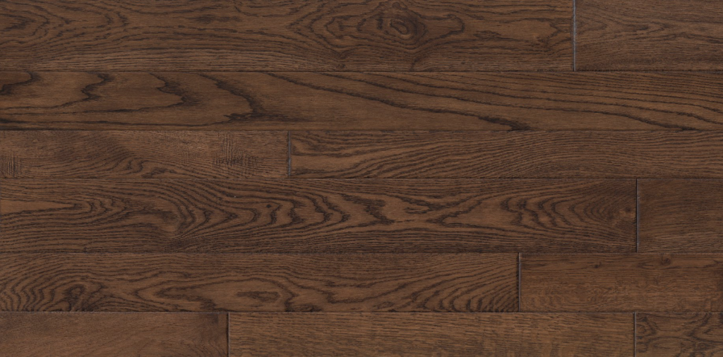 Timber white oak hardwood flooring with a rich, dark brown finish, featuring varied grain patterns and textures, suitable for enhancing home aesthetics.