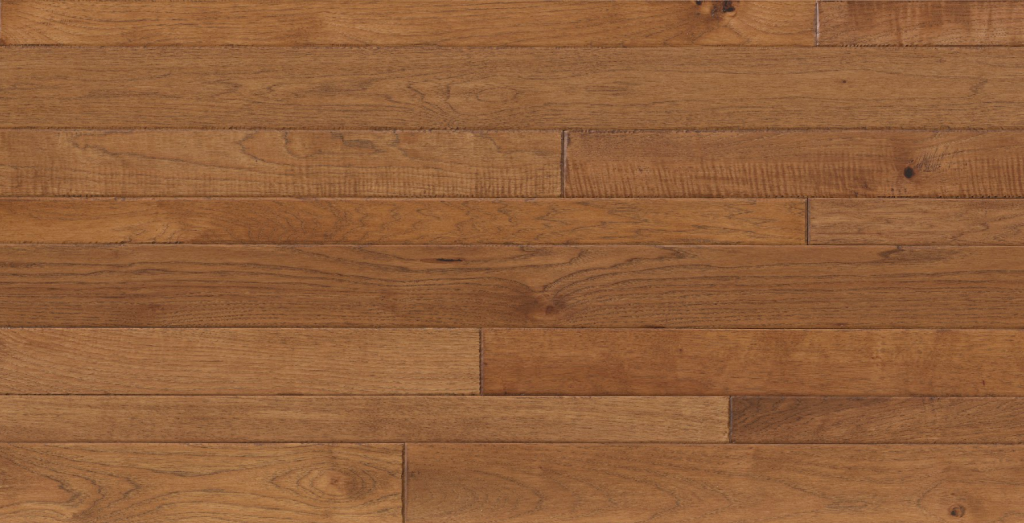 Toast hickory hardwood flooring in a warm caramel finish, showcasing various plank widths and natural wood grain patterns, relevant to SVB Wood Floors' Portercraft Durango Collection.