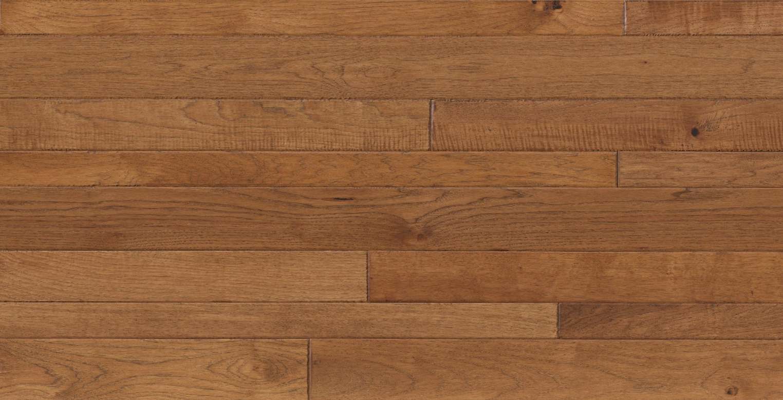 Hickory wood flooring from the Portercraft Durango Collection in a warm Toast shade with a handscraped texture, showcasing multi-width solid planks and hand-textured edges, ideal for creating an inviting interior aesthetic.