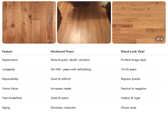 Comparison table of hardwood and vinyl floors.