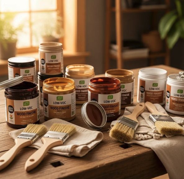 Various low-VOC wood finishes in jars, paintbrushes, and cloth on a wooden table, highlighting eco-friendly options for hardwood floor refinishing.