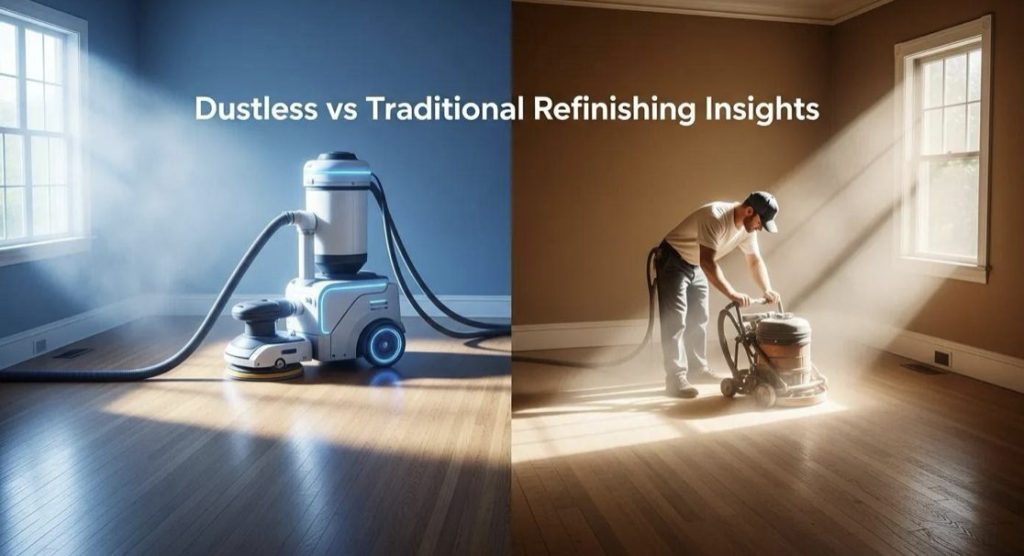 Dustless and traditional hardwood floor refinishing comparison, showcasing advanced dust containment system and worker using traditional sanding method in a well-lit room.