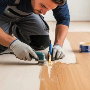 Hardwood floor scratch repair and restoration by SVB Wood Floors technician.