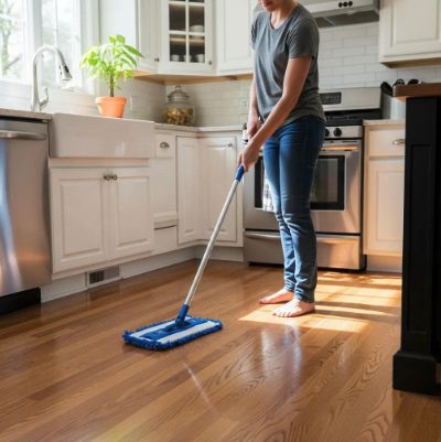 Homeowner using a microfiber mop to clean hardwood flooring their kitchen.
