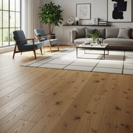 A light-colored hardwood floor installed in a living room with grey sofa, blue chairs, coffee table and rug.