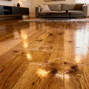 close up picture of a hardwood floor with scratches and significant finish wear.