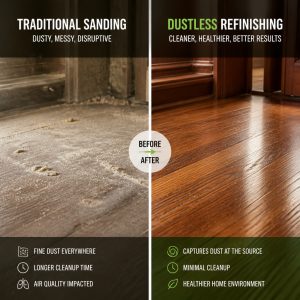 comparison picture of dustless refinishing vs traditional sanding, split before-and-after, close-up of floor detail