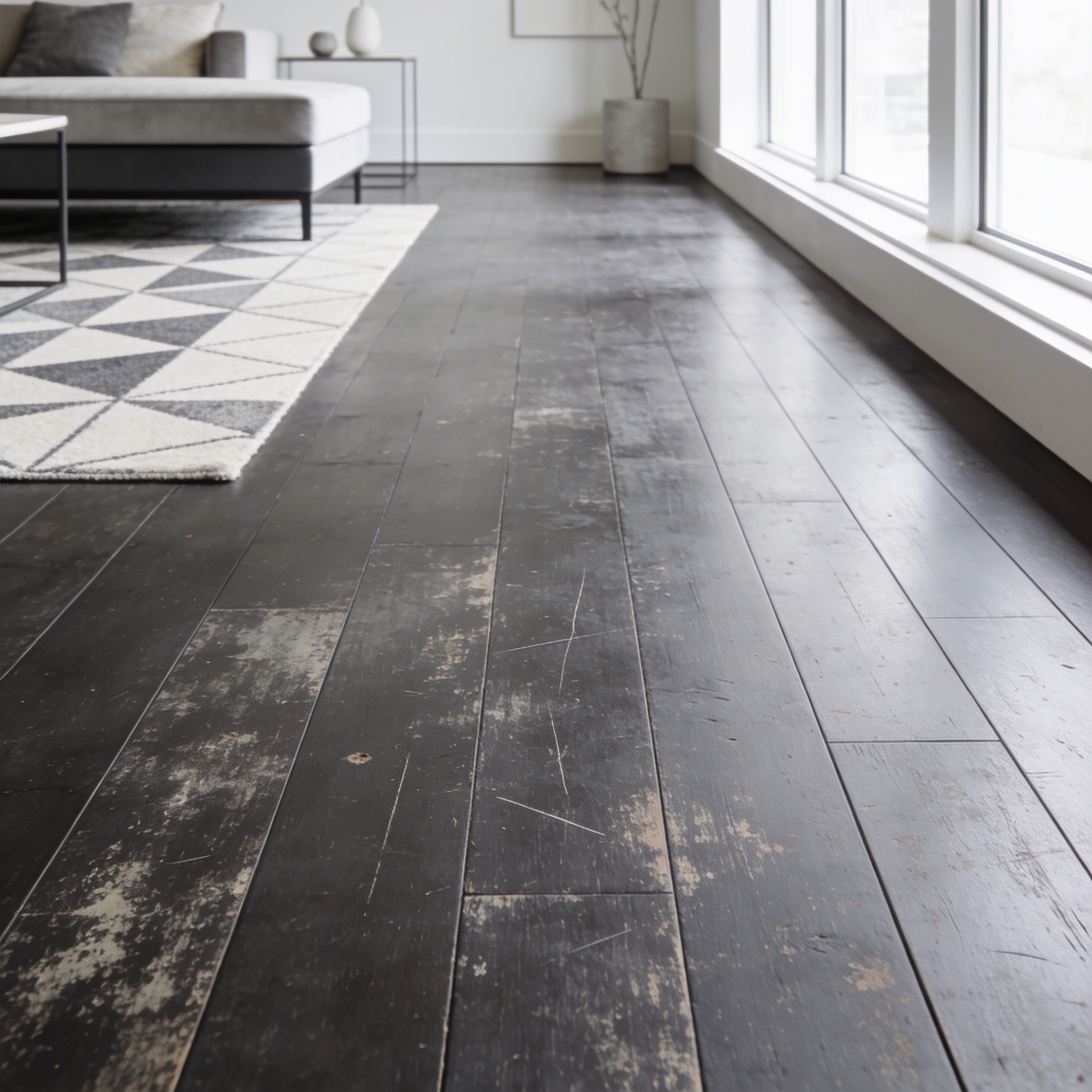 close up of dull, faded, scratched wood flooring in a modern residential living room
