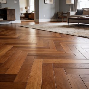 close-up picture of engineered hardwood flooring in the living room of a residential kansas city home