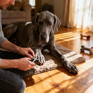 man trimming the nails of a grey great dane in his living room with hardwood flooring