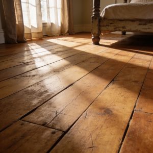 picture of old hardwood floor in the master bedroom of a residential home in kansas city with wide reclaimed planks, subtle gaps and scratches.