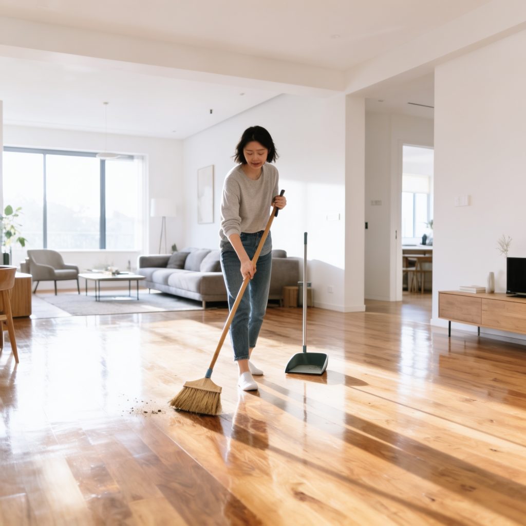 woman sweeping hardwood floor in a modern kansas city residential home to remove dust