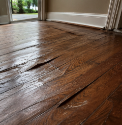 Wood floor with noticeable gaps between boards indicating potential restoration needs.