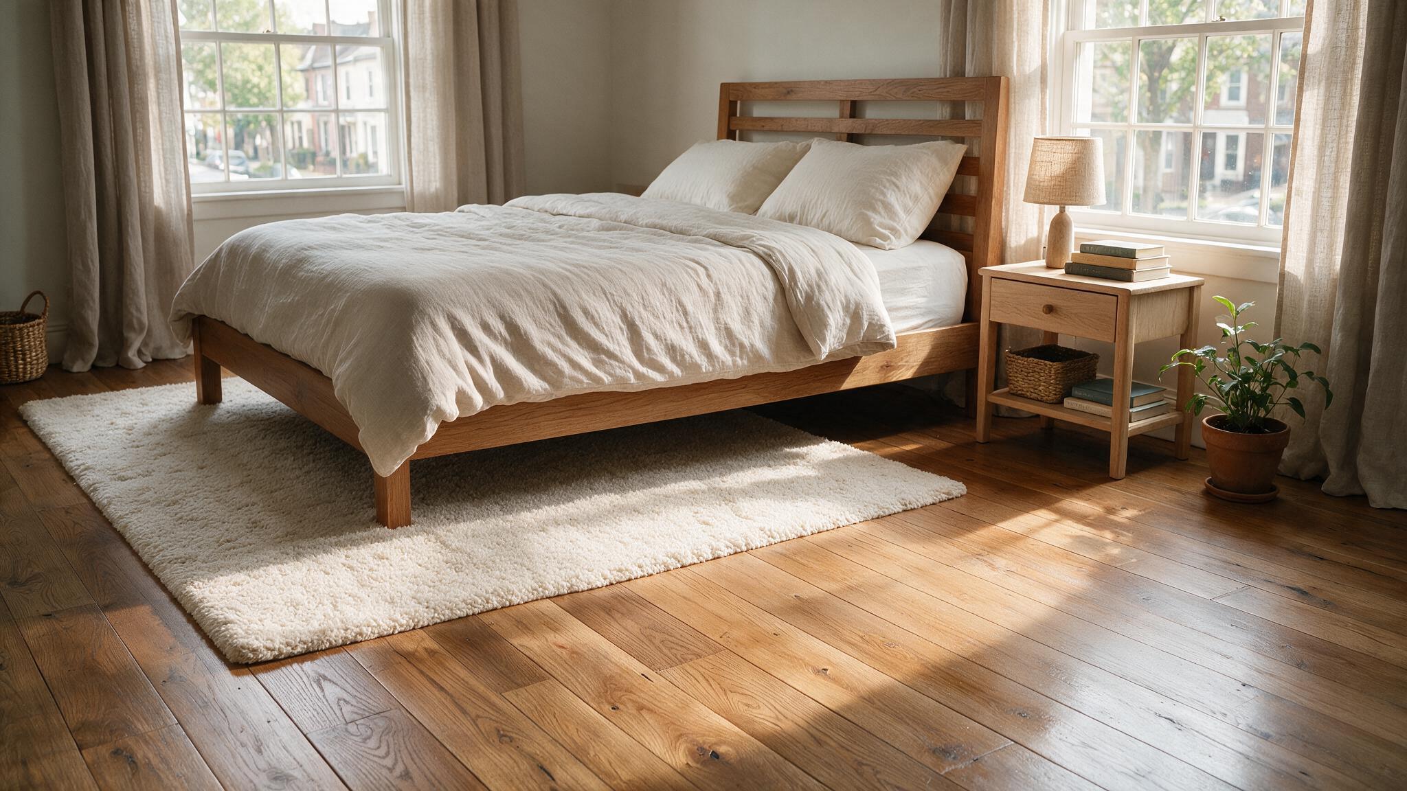 Open, airy and bright master bedroom in Kansas City with well maintained hardwood flooring.