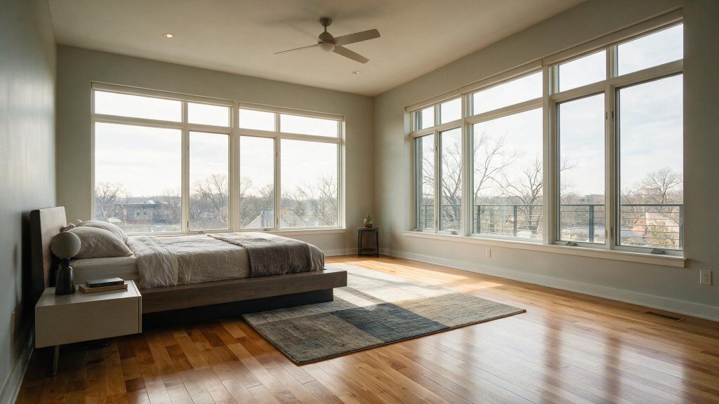 Maple hardwood floor in the master bedroom of a modern, residential home in kansas city.
