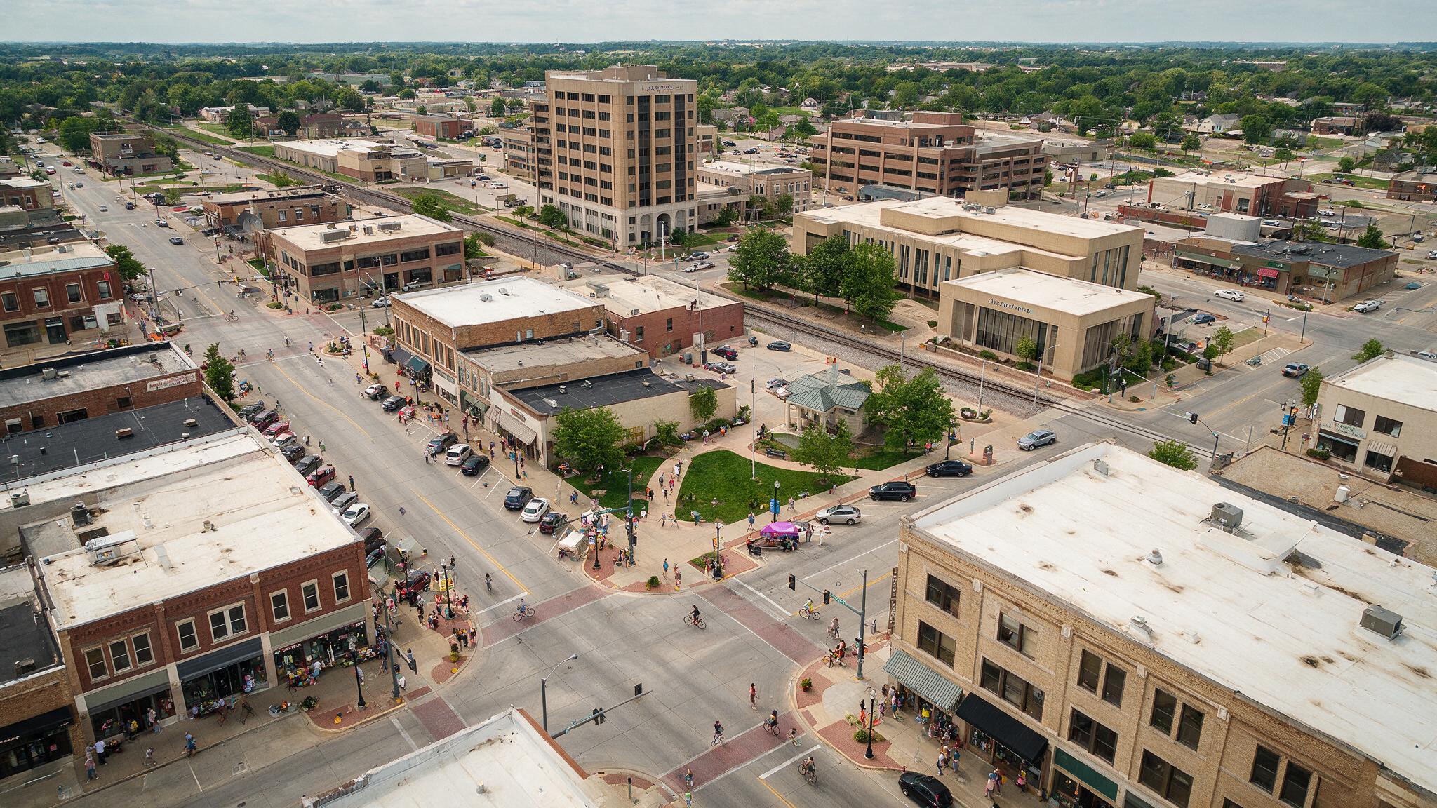 Aerial view of downtown Olathe, Kansas.