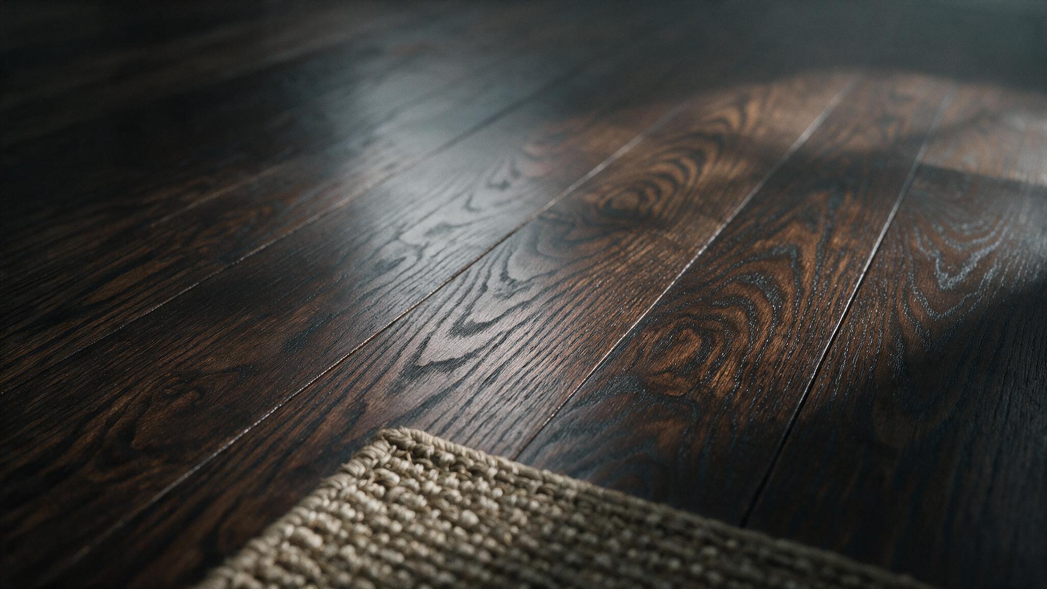 An extreme close-up of the intricate grain patterns on a newly refinished dark hardwood floor in a master bedroom. The scene is set during a foggy morning in an older, historic Kansas City home, creating a moody atmosphere.
