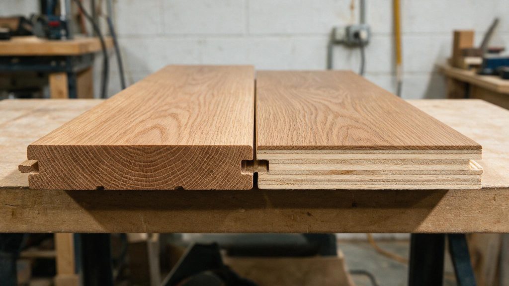 Side by side close-up of solid hardwood flooring and engineered hardwood flooring.