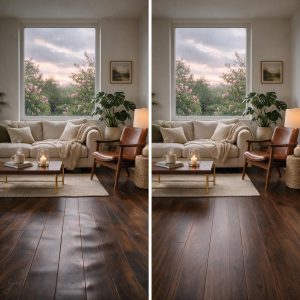 Water-damaged hardwood floor before and after restoration by SVB Wood Floors in Grandview, MO.