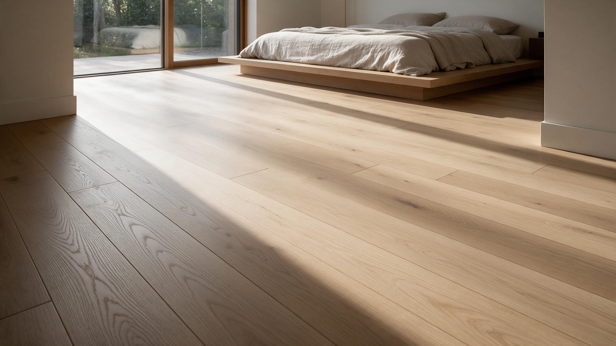 Close-up of a beautiful new wood floor in the master bedroom of a kansas city home.