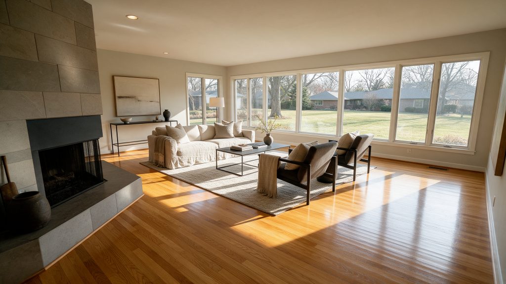 Large, modern living room in prairie village kansas home with newly refinished oak hard wood floors.