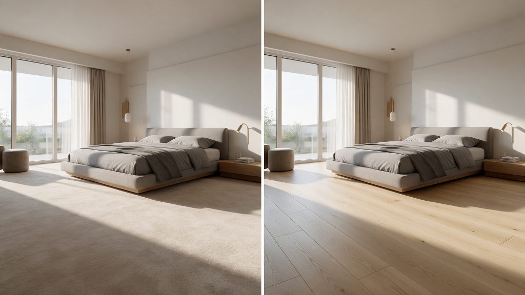Side by side picture of a large, modern master bedroom with beige carpet and the same master bedroom in Prairie Village, KS with light colored hardwood flooring.