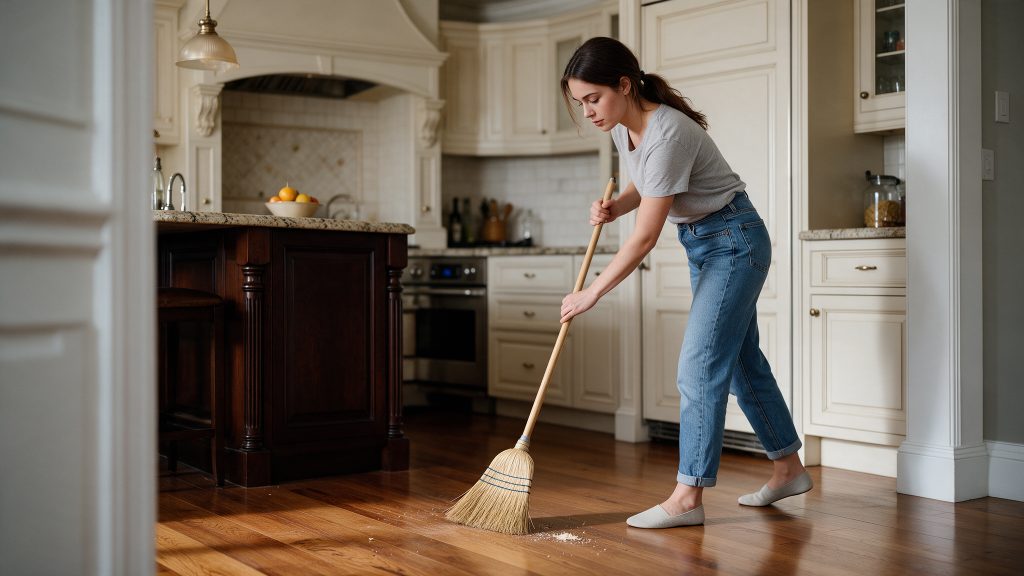 Young woman sweeping the hardwood floors in her modern kansas city kitchen.