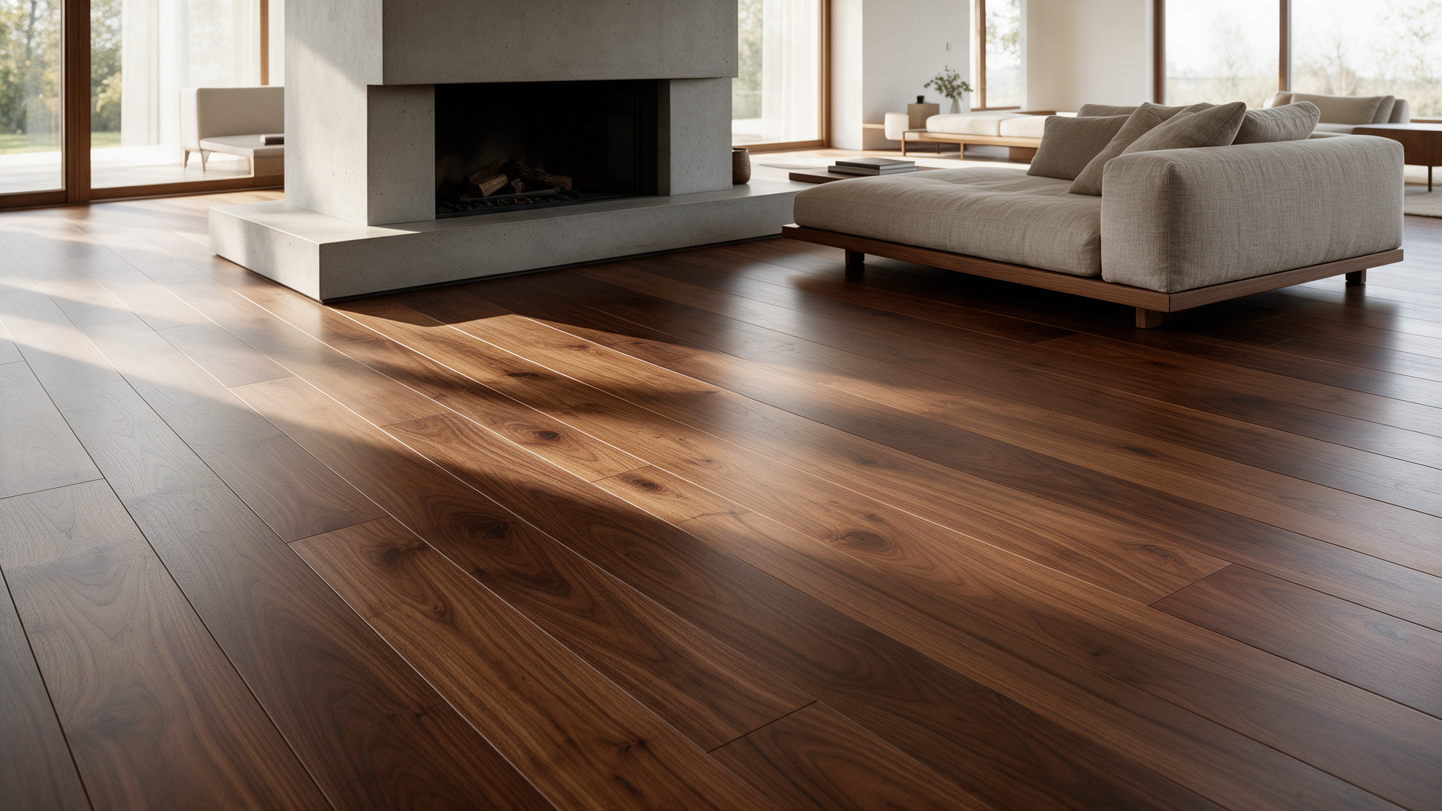 Beautiful walnut hardwood floor in the living room of a modern kansas city home.